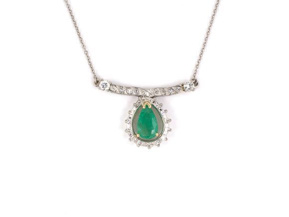 45160 - Platinum Gold Diamond Emerald Pear Shape Cluster Pendant Necklace
