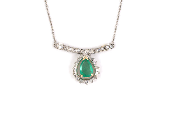 45161 - Platinum Gold Diamond Emerald Pear Shape Cluster Pendant Necklace