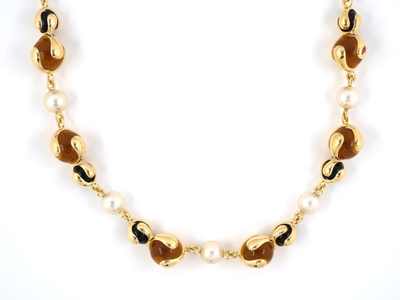 45164 - Marina B Cardan Gold Pearl Onyx Russian Quartz Beads Italy Necklace