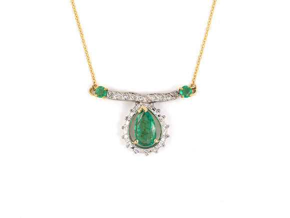 45166 - Platinum Gold Diamond Emerald Pear Shape Cluster Pendant Necklace