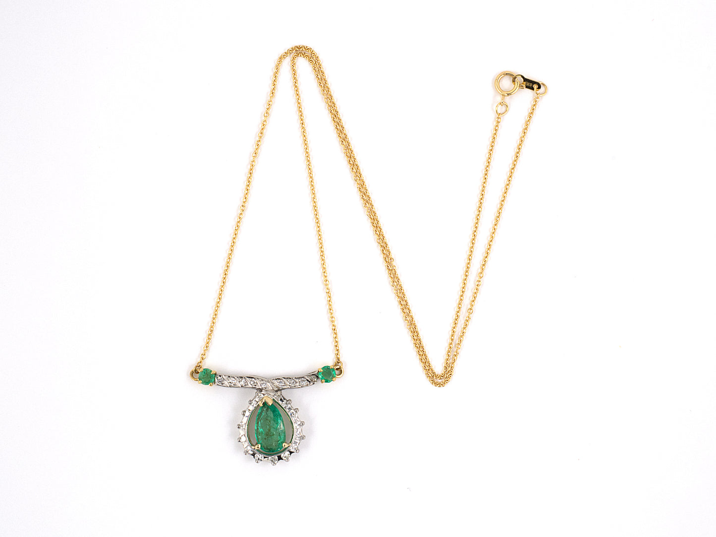 45166 - SOLD - Platinum Gold Diamond Emerald Pear Shape Cluster Pendant Necklace