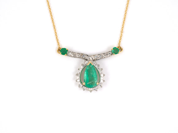 45167 - Platinum Gold Diamond Emerald Pear Shape Cluster Pendant Necklace