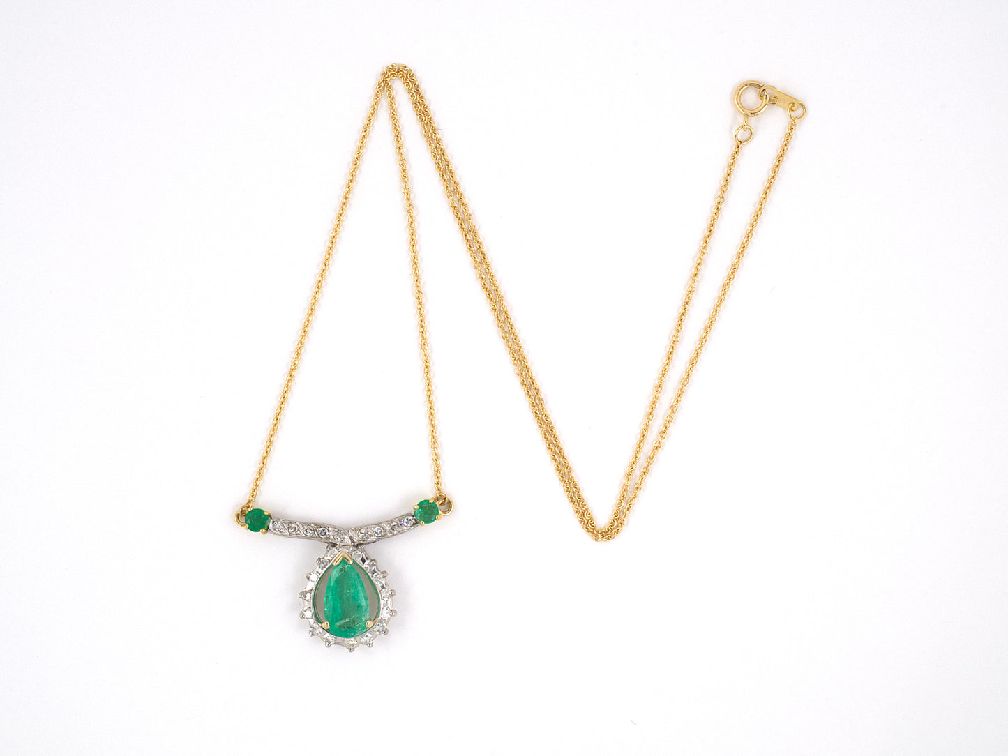 45167 - SOLD - Platinum Gold Diamond Emerald Pear Shape Cluster Pendant Necklace