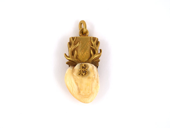 45187 - Circa 1897 Victorian Gold Carved Elk Tooth Enamel BPOE Pendant