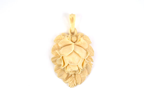 45195 - Carved Bone Rose Leaf Hinged Locket Gold  Bezel Pendant