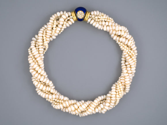 45203 - Gold Diamond Blue Enamel Sapphire Pearl 6 Strand Necklace