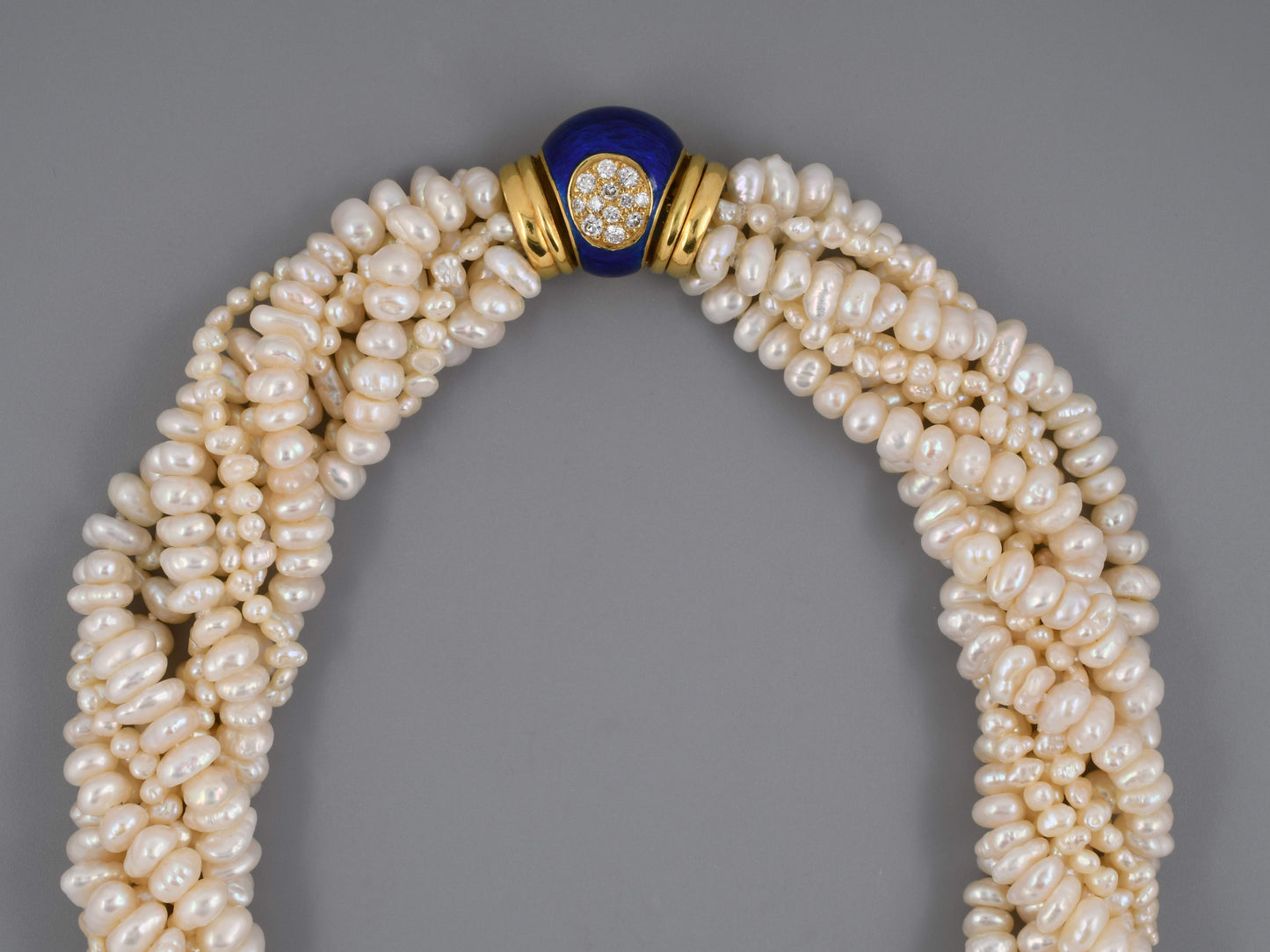 45203 - Gold Diamond Blue Enamel Sapphire Pearl 6 Strand Necklace
