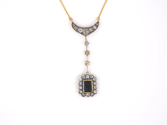 45212 - Victorian Silver On Gold AGL Sapphire Diamond Sautoir Drop Pendant Necklace