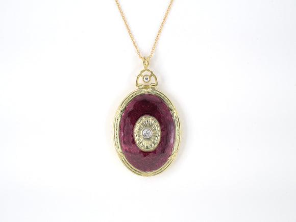 45271 - Victorian Gold Platinum Diamond Purple Enamel Locket Pendant Necklace