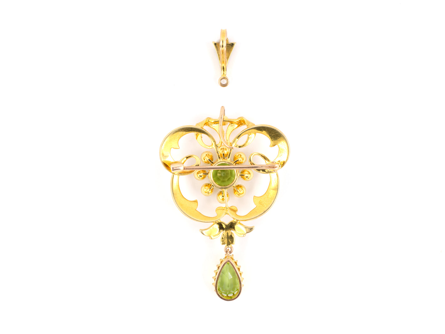 45277 - SOLD - Victorian Gold Peridot Pearl Cluster Swirl Floral Pin Pendant Necklace