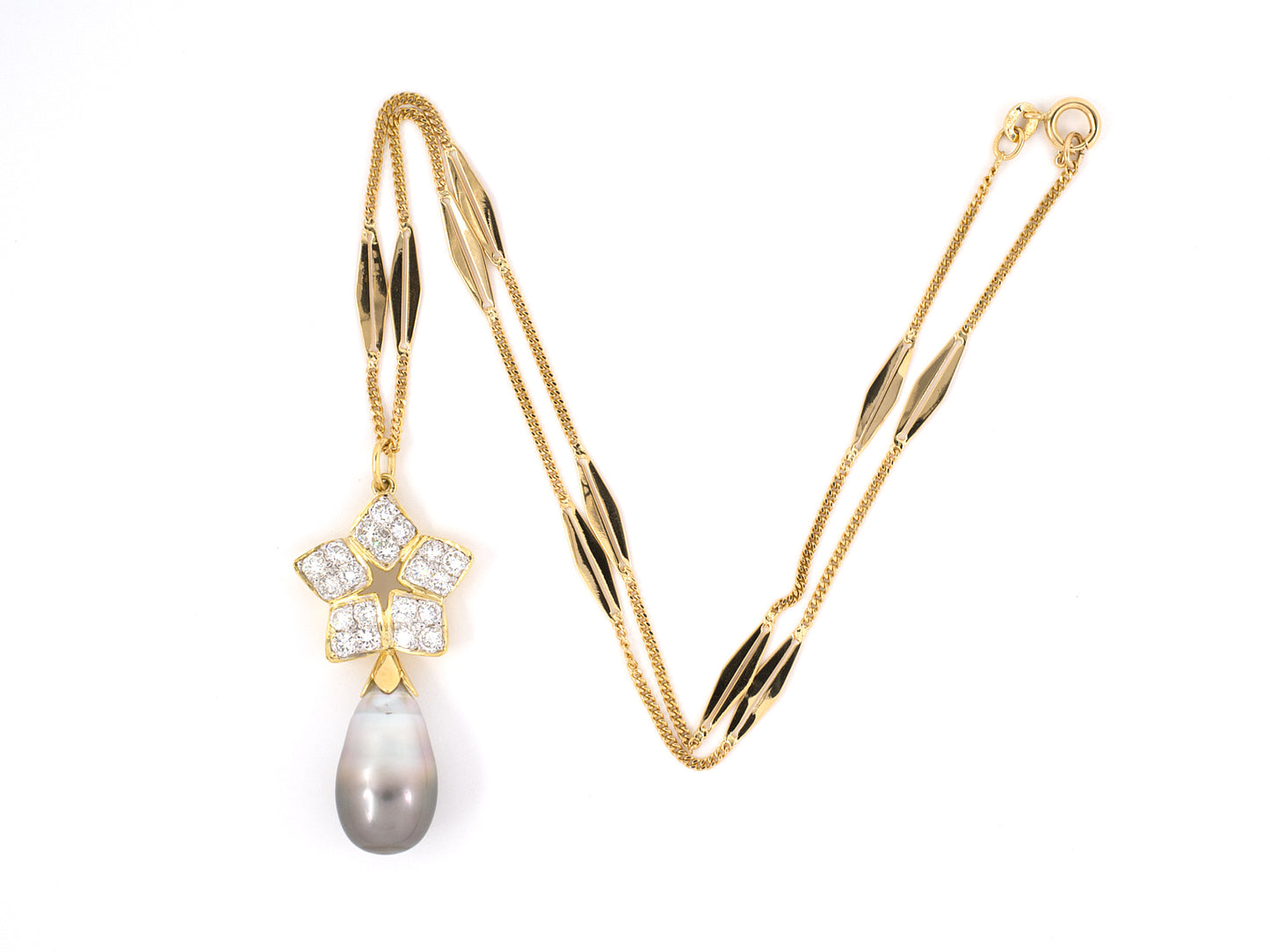 45279 - Gold Diamond Star Pendant Tear Drop Pearl Navette Curb Link Chain Necklace