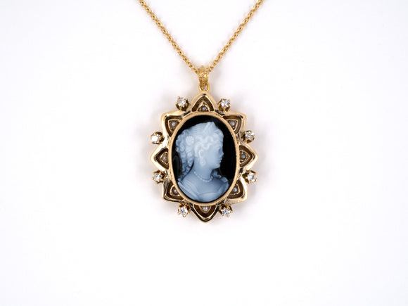 45280 - Gold Diamond Woman Profile Stone Cameo Pearl Pendant Necklace