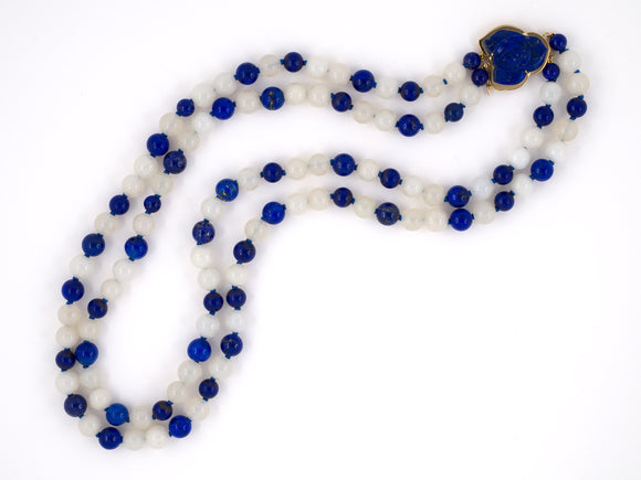45283 - Gold Lapis White Agate Carved Lapis Flower 2 Strand Bead Necklace