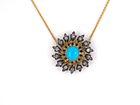 45285 - Victorian Gold Sterling Silver Turquoise Diamond Cluster Pendant Necklace