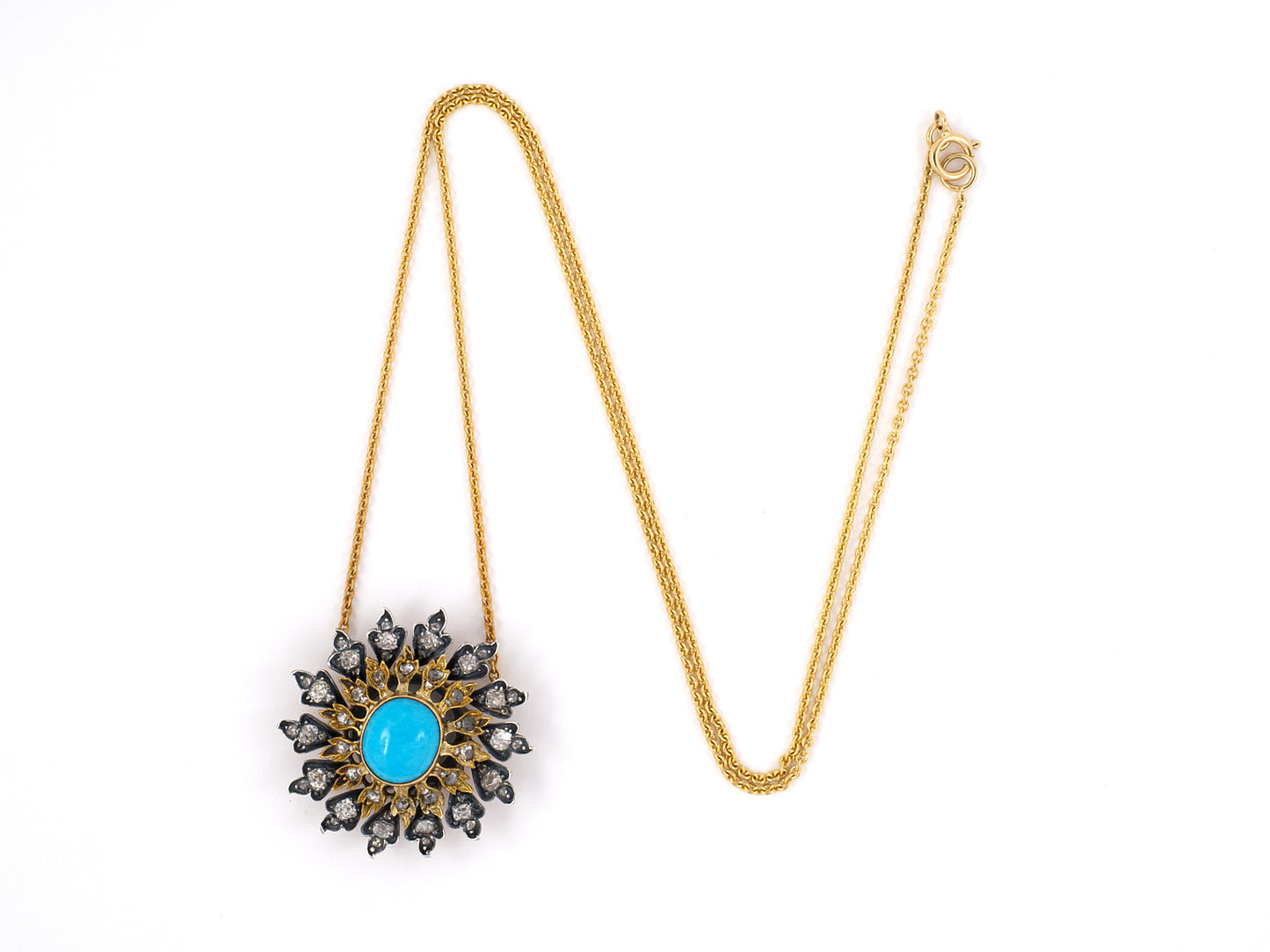 45285 - SOLD - Victorian Gold Sterling Silver Turquoise Diamond Cluster Pendant Necklace