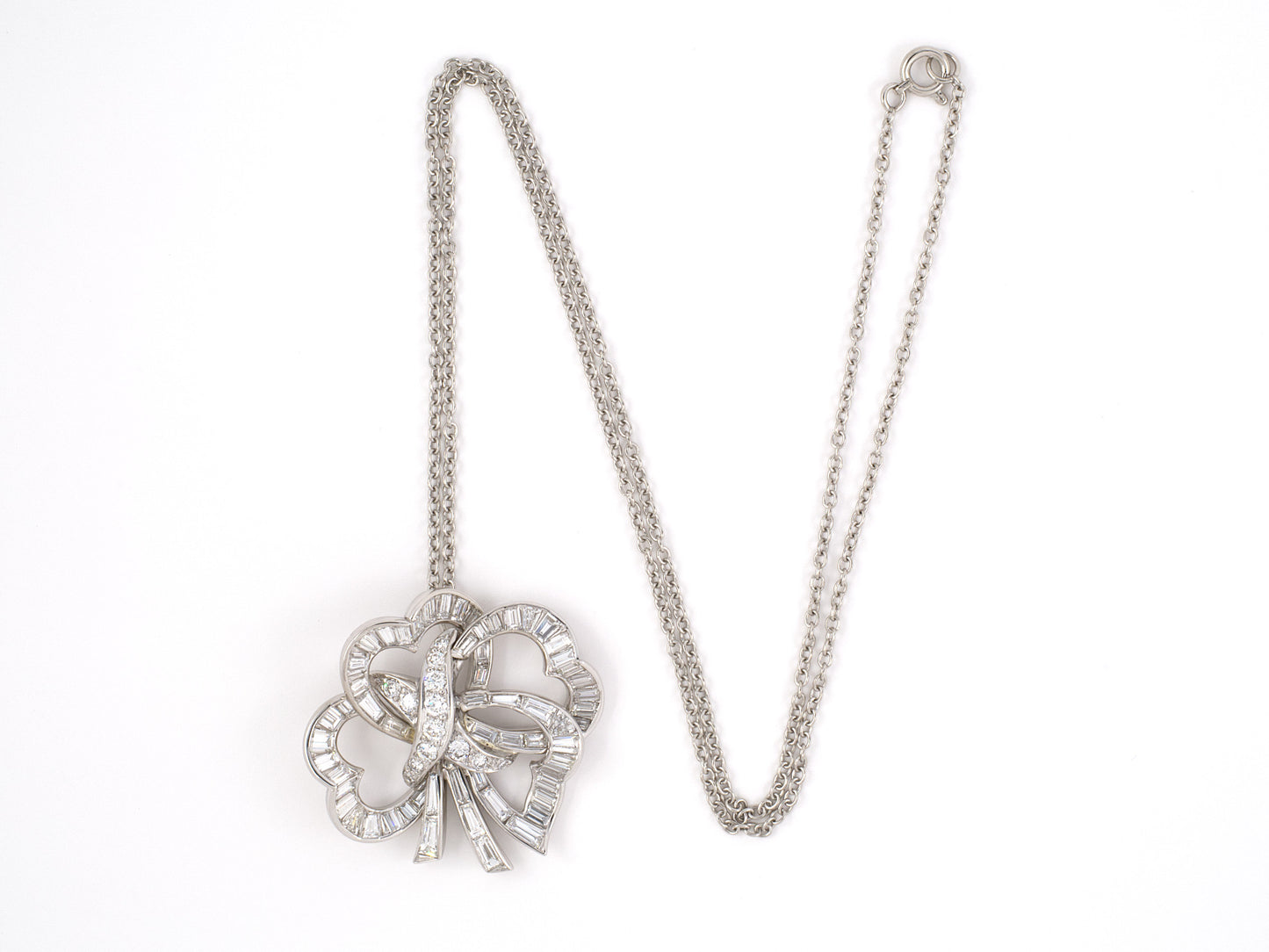 45289 - SOLD - Circa 1950s Platinum Diamond Clover Shaped Heart Pendant Necklace