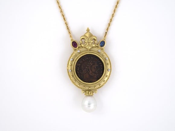 45290 - SOLD - Circa 1980s Gold Pearl Ruby Sapphire Diamond Roman Coin Pendant Necklace