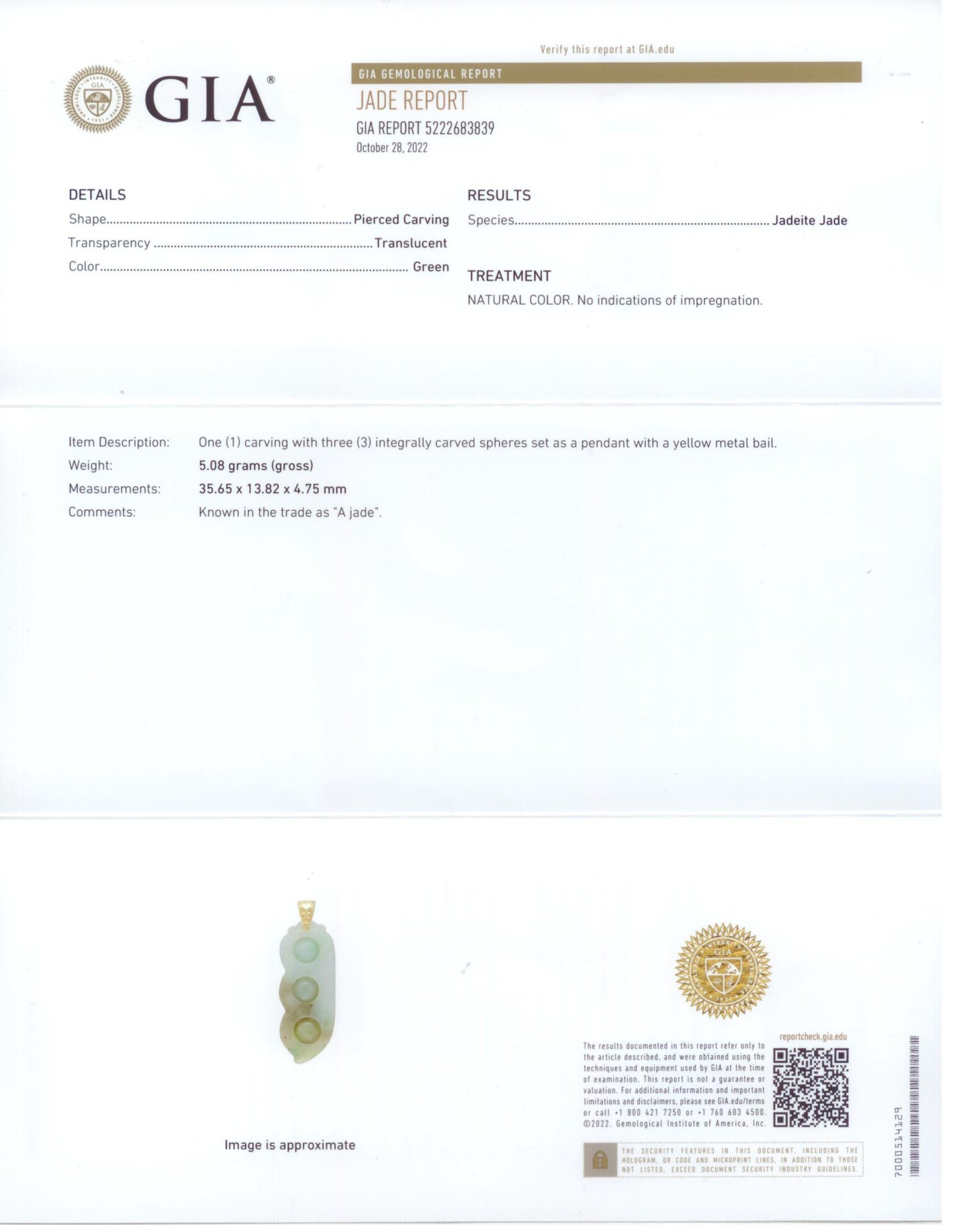 45293 - Gold GIA Jadeite Peapod Pendant Necklace With Chain