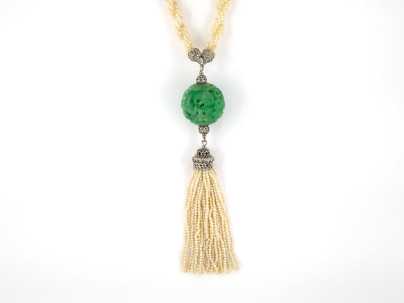 45299 - Circa 1910 Platinum GIA Jadeite Carved Ball Seed Pearl Tassels Pendant Necklace