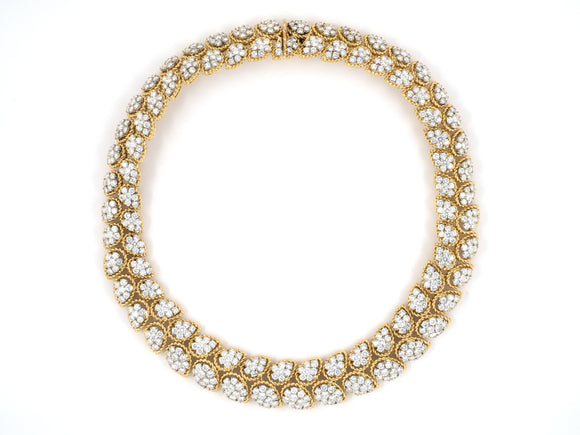 45300 - SOLD - Gold Diamond Cluster Floral Leaf 2 Row Necklace