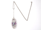 45302 - Art Deco Platinum Diamond Sapphire Onyx Enamel Bird Flower Pin Pendant With Sautoir