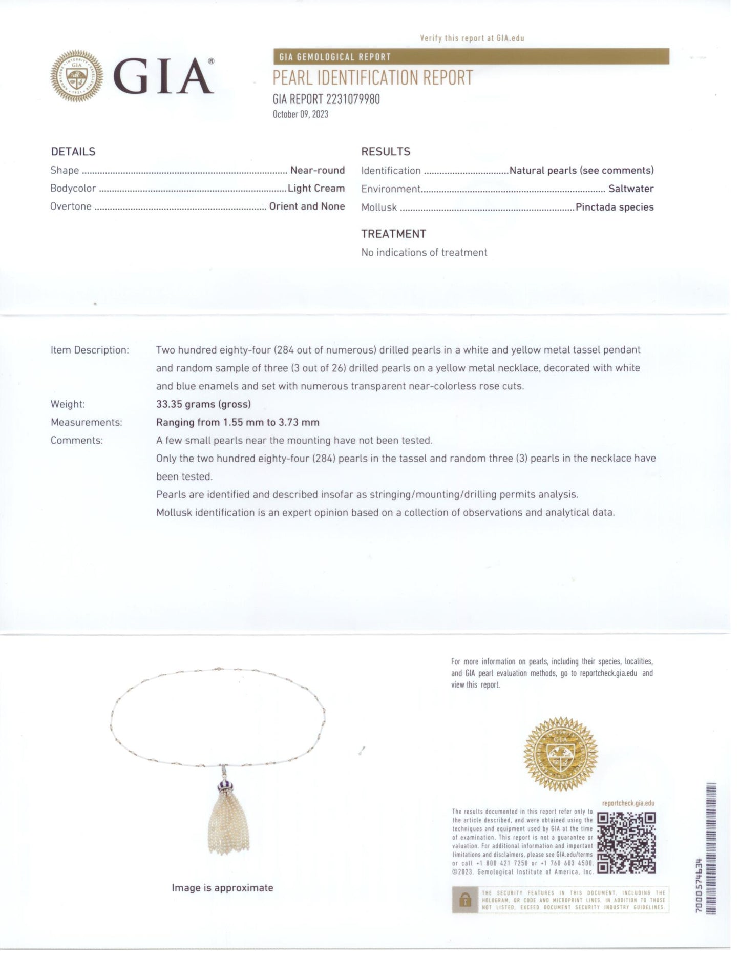 45303 - Victorian French Gold Platinum Rose Cut Diamond Enamel GIA Natural Pearl Tassels Drop Pendant Necklace