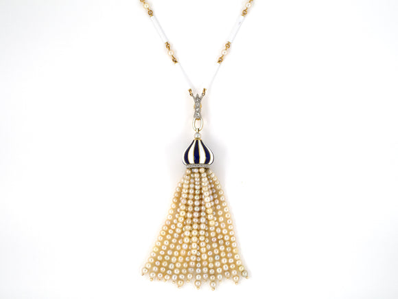 45303 - Victorian French Gold Platinum Rose Cut Diamond Enamel GIA Natural Pearl Tassels Drop Pendant Necklace