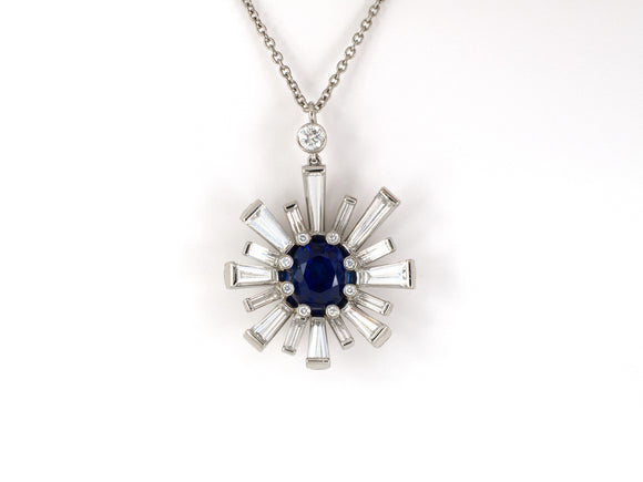 45304 - Platinum AGL Burma Sapphire Diamond Starburst Cluster Pendant Necklace