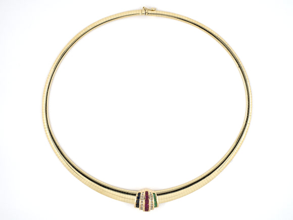 45306 - Gold Diamond Ruby Emerald Sapphire Slide Tapered Omega Necklace