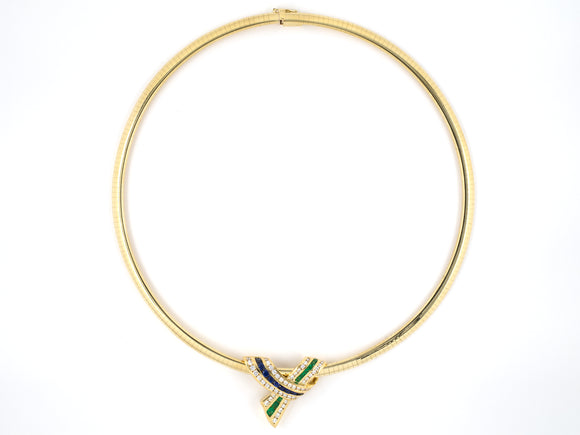 45310 - SOLD - Krypell Gold Diamond Emerald Sapphire Ribbon Bow Slide Pendant On Omega Necklace Chain