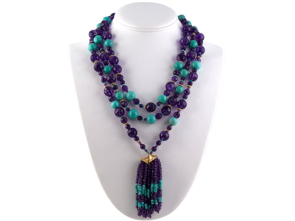 45323 - SOLD - Single Strand Turquoise And Faceted Amethyst Bead Lariat Necklace With Tassels And Gold Beaded Rondels And Gold Diamond Caps