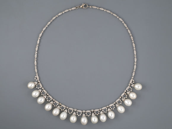 45347 - Gold Diamond Pearl Drop Festoon Necklace