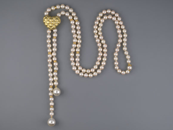 45351 - Pearl Lariat Necklace With Puffed Gold Diamond Heart Pendant