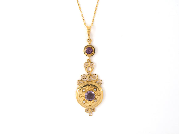 45364 - SOLD - Victorian Gold Amethyst 1/2-Pearl Scroll Design Pendant Necklace