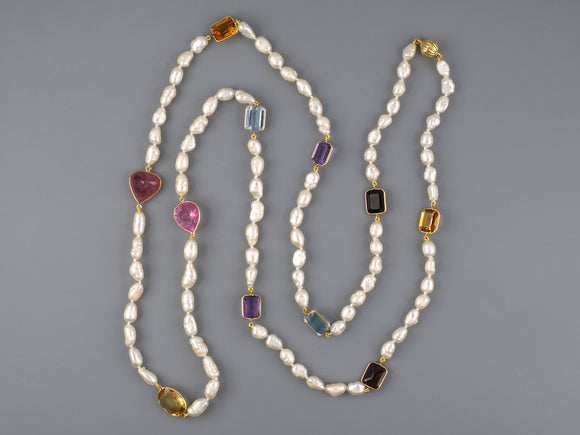 45366 - Gold Assorted Color Stones Citrine Pink Tourmaline Amethyst Garnet Blue Topaz Freshwater Baroque Pearl Necklace