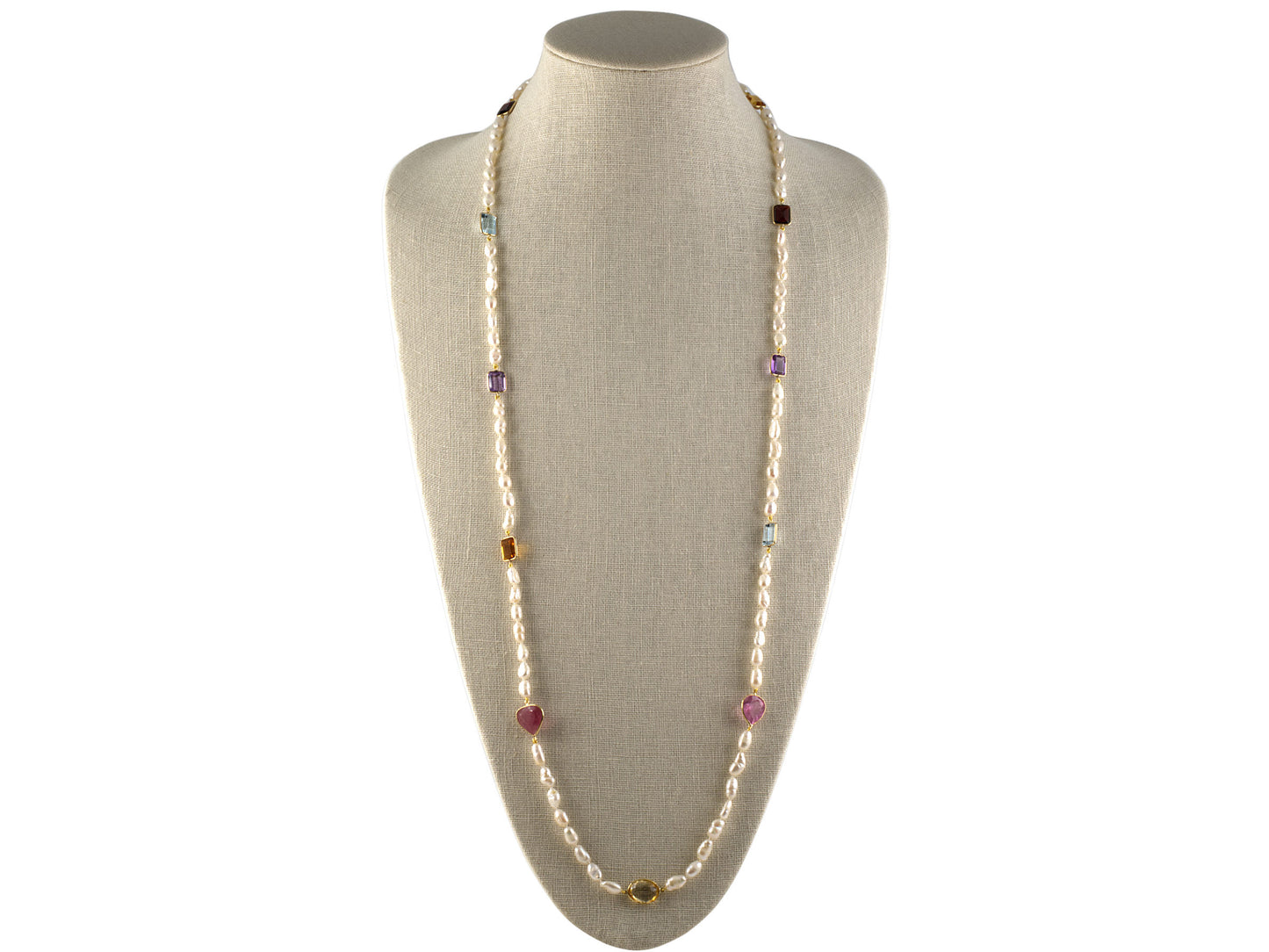 45366 - SOLD - Gold Assorted Color Stones Citrine Pink Tourmaline Amethyst Garnet Blue Topaz Freshwater Baroque Pearl Necklace