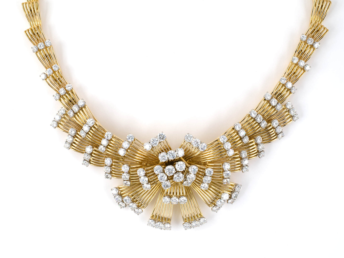 45375 - Circa 1950S Mauboussin French Platinum Gold Diamond Wire Spray Ribbon Design Necklace
