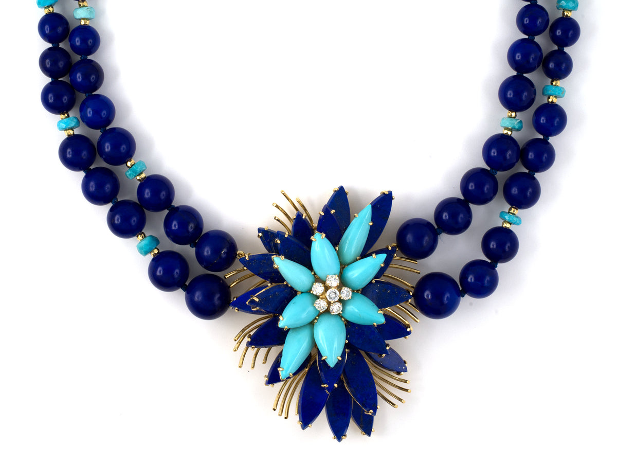 45381 Emis Circa 1965 Gold Lapis Turquoise Diamond Necklace Durland Co