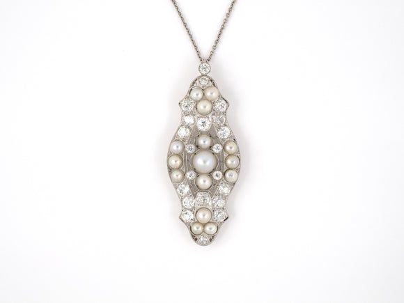 45382 - Circa 1915 Platinum GIA Natural Pearl Diamond Filigree Pendant Necklace