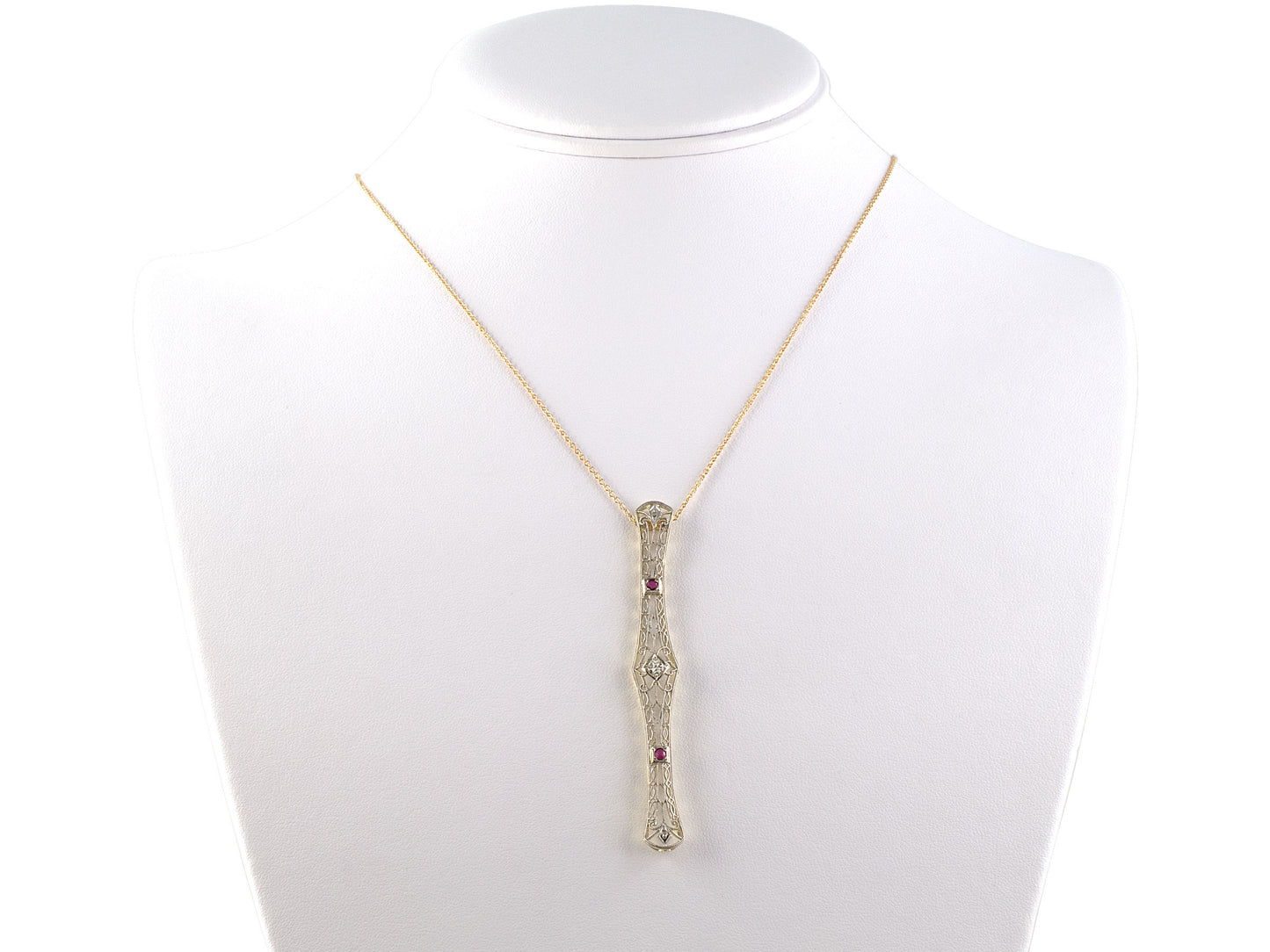 45385 - SOLD - Edwardian Platinum Gold Diamond Ruby Filigree Bar Pendant Necklace