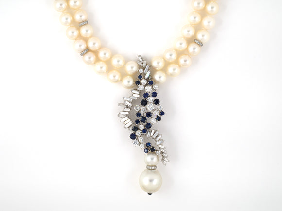 45387 - Circa 1960s Platinum Sapphire Diamond South Sea Pearl 2 Strand Drop Necklace