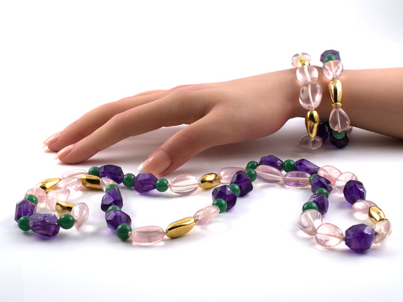 45388 - Gold Bean Beads Amethyst Pink Quartz Aventurine Bead 2 Clasp Bracelet Necklace