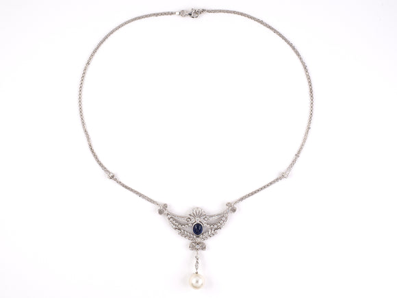 45391 - Gold Sapphire Diamond Pearl Drop Garland Ribbon Bow Motif Necklace
