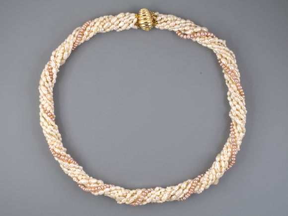45401 - Gold Corrugated Clasp 9 Strand Assorted Pearl Torsade Necklace