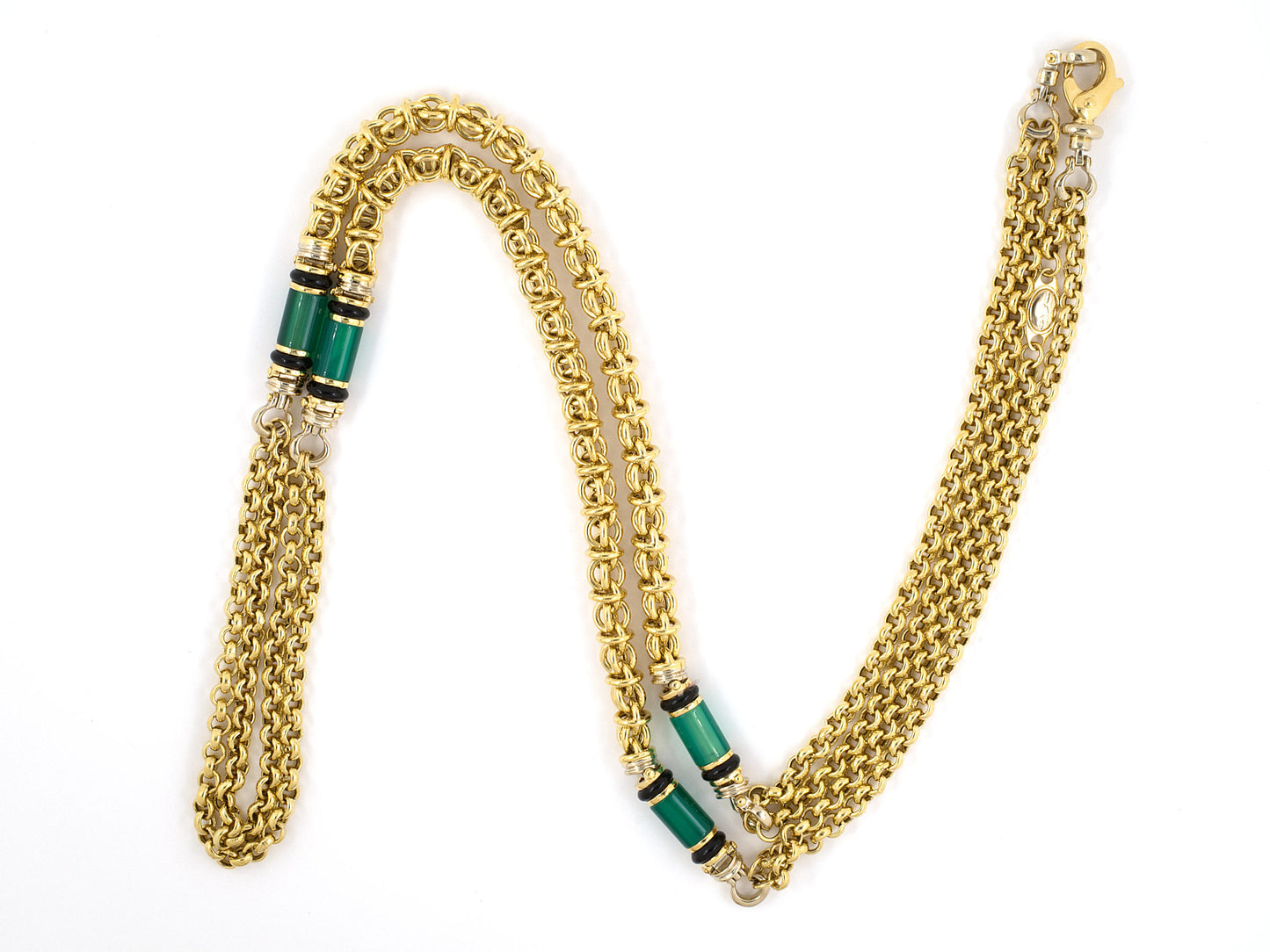 45405 - SOLD - Creart Italy Gold Green And Black Onyx Alternating Bolo And Wire Link Necklace