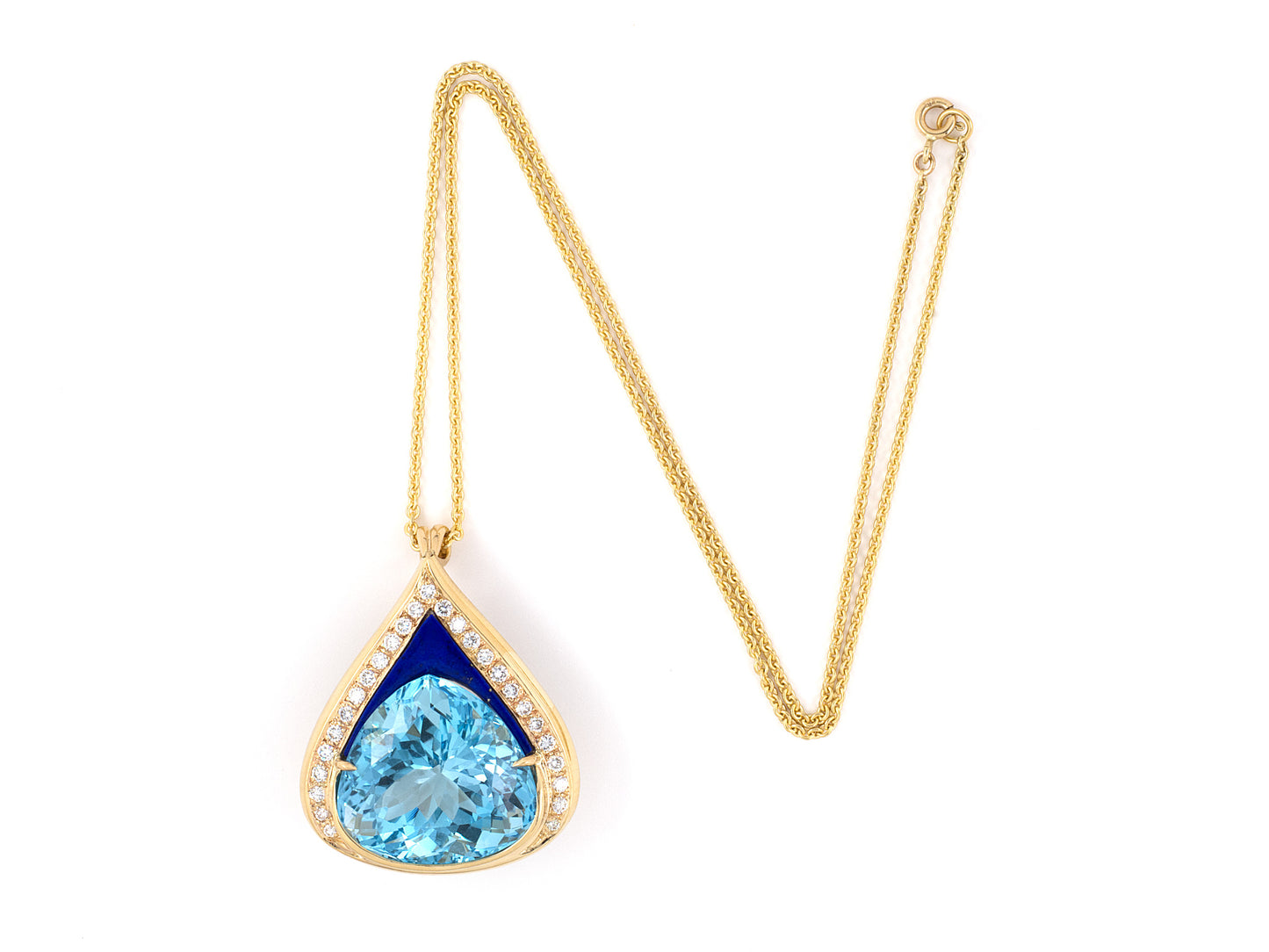 45413 - Gold Topaz Lapis Diamond Tear Drop Pendant Necklace