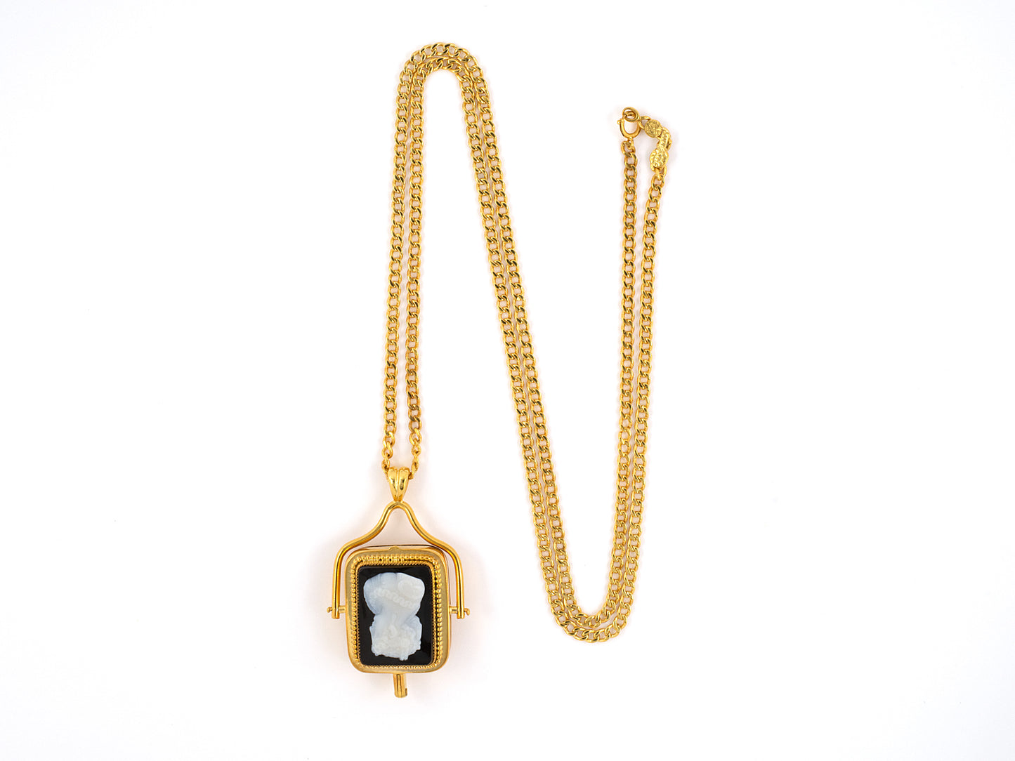 45414 - Victorian Gold White On Black Sardonyx Cameo Hinged Locket Pendant Necklace