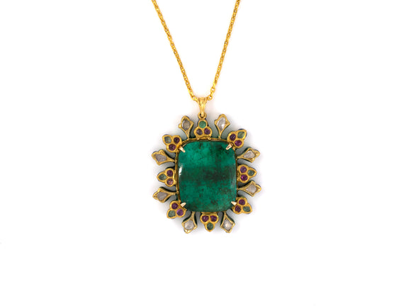 45417 - Gold AGL Colombian Emerald Diamond Tourmaline Enamel Flower Pendant Necklace