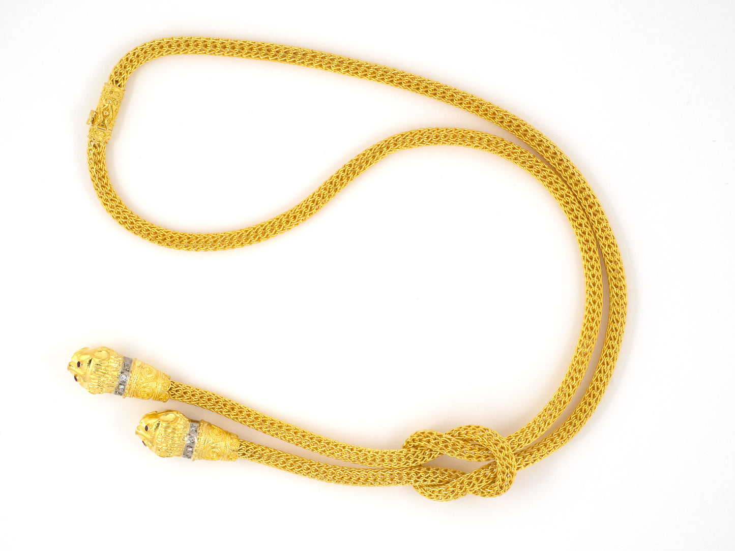 45425 - SOLD - Circa 2000 Greek Gold Diamond Ruby Chimera Head Necklace