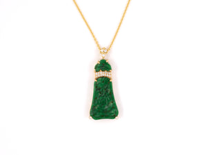45433 - Gold Jadeite Diamond Carved Floral Handmade Pendant Necklace